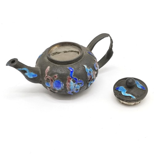 34 - Antique Chinese miniature silver teapot with enamel detail 3.5cm high x 7.5cm across - has some dete... 