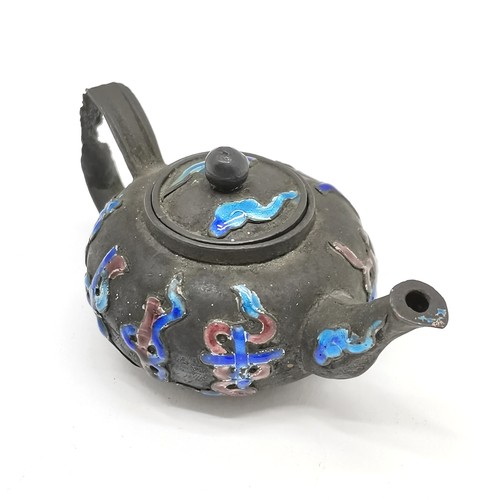 34 - Antique Chinese miniature silver teapot with enamel detail 3.5cm high x 7.5cm across - has some dete... 