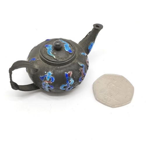 34 - Antique Chinese miniature silver teapot with enamel detail 3.5cm high x 7.5cm across - has some dete... 