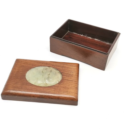 36 - Chinese hardwood box with a green jade panel insert to the lid 13cm x 9cm x 6.5cm high - no obvious ... 