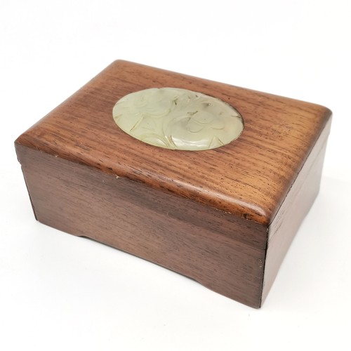 36 - Chinese hardwood box with a green jade panel insert to the lid 13cm x 9cm x 6.5cm high - no obvious ... 