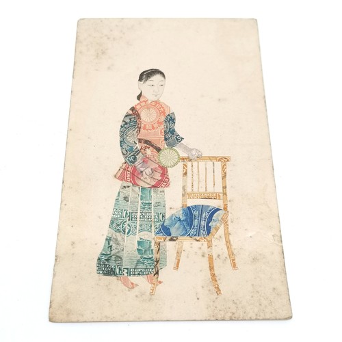 37 - Postcard of Oriental lady by chair made from montage of China / Japan & USA stamps ~ has a tear and ... 