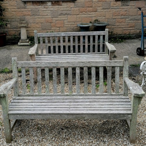 45 - Pair of weathered Barlow Tyrie teak garden benches - 160cm long x 52cm deep x 89cm high