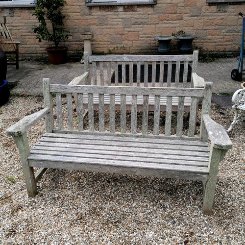 45 - Pair of weathered Barlow Tyrie teak garden benches - 160cm long x 52cm deep x 89cm high