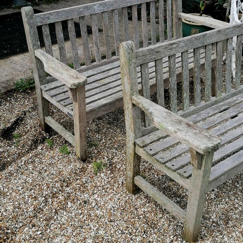 45 - Pair of weathered Barlow Tyrie teak garden benches - 160cm long x 52cm deep x 89cm high