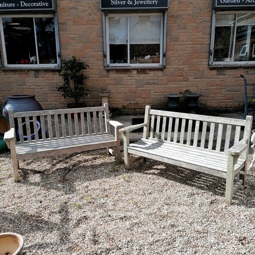 45 - Pair of weathered Barlow Tyrie teak garden benches - 160cm long x 52cm deep x 89cm high