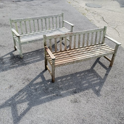 46 - Pair of Wrinch weathered teak 3 seater benches- 152cm long x 45cm deep x 82 cm high - one seat strut... 