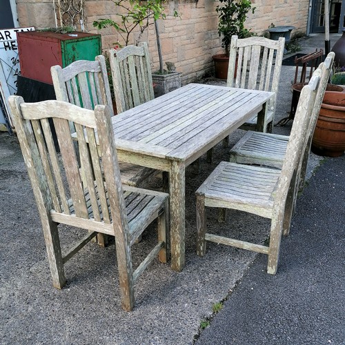 47 - Weathered teak Barlow Tyrie garden table and 6 chairs - 1 chair has damage - 149cm long x 71cm wide ... 