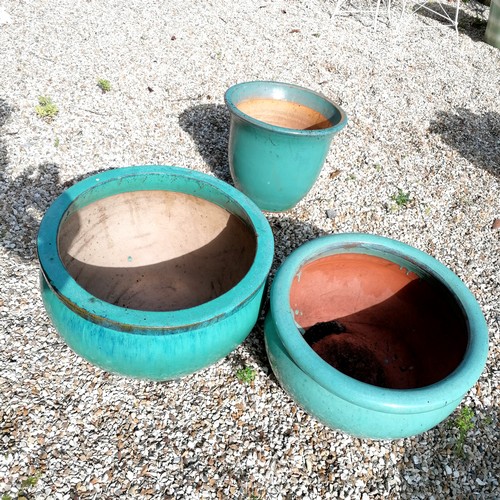 52 - 3 light blue glazed round planters - largest 50cm diameter