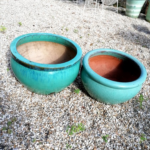 52 - 3 light blue glazed round planters - largest 50cm diameter