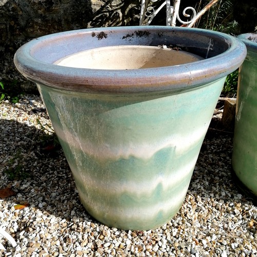 57 - 3 glazed planters with pale green base and blue rim - 42.5cm - hairline crack to one pot which also ... 