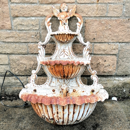 58 - Cast iron 3 tier wall mounted water feature with cherub and dolphin detail - 67cm high x 29cm diamet... 