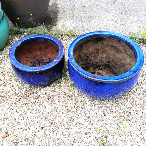 61 - 2 blue glazed planters - largest 50 cm diameter