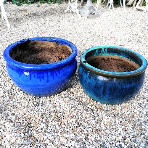 64 - 2 blue glazed planters - largest 45cm diameter