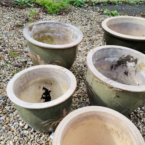 72 - 7 glazed plant pots with bamboo detail - largest 26cm high