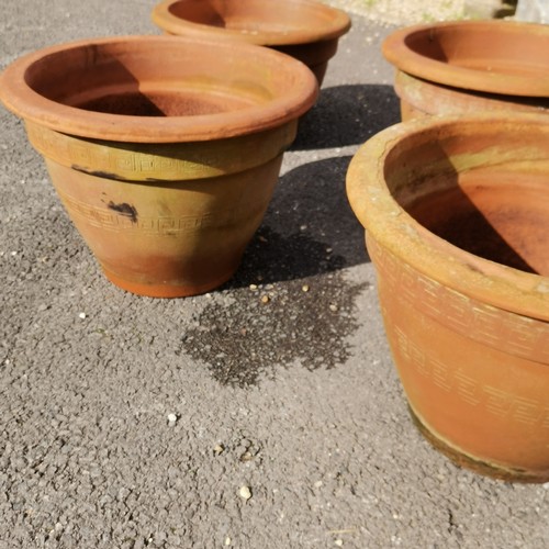 79 - 4 large terracotta planters with geometric design detail - tallest 33cm high - one has surface losse... 