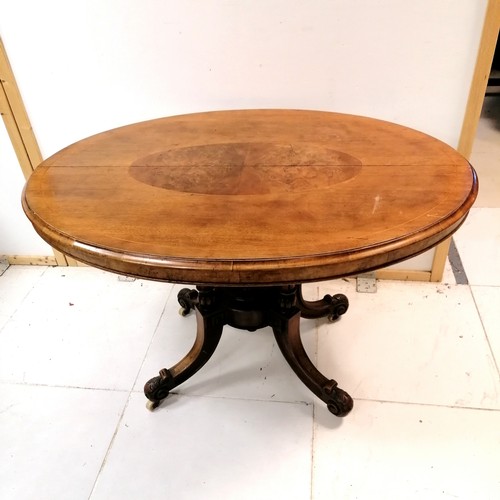 89 - Antique mahogany oval tilt top table with burr walnut inlaid top - 85cm x 120cm & has marks to the t... 