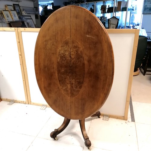 89 - Antique mahogany oval tilt top table with burr walnut inlaid top - 85cm x 120cm & has marks to the t... 