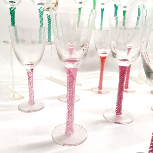 90 - 25 x Langham wine glasses with coloured air twist stems in various greens & pinks ~ tallest 22cm