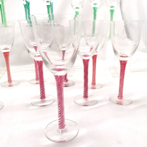 90 - 25 x Langham wine glasses with coloured air twist stems in various greens & pinks ~ tallest 22cm