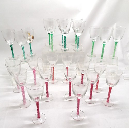 90 - 25 x Langham wine glasses with coloured air twist stems in various greens & pinks ~ tallest 22cm