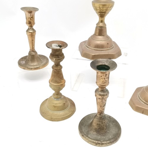 109 - Pair of early spun base candlesticks (16.5cm) t/w later pair (30cm) + 1 odd ~ screw repair to 1 of t... 