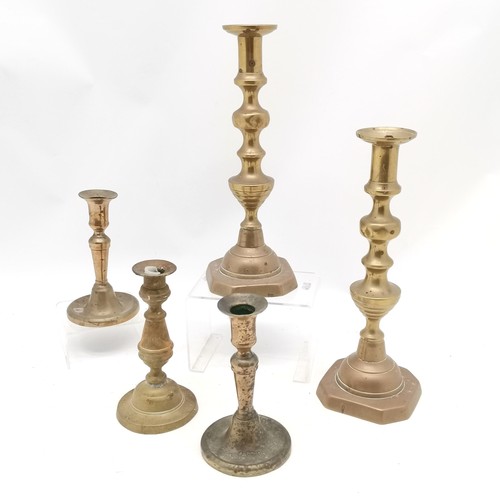 109 - Pair of early spun base candlesticks (16.5cm) t/w later pair (30cm) + 1 odd ~ screw repair to 1 of t... 