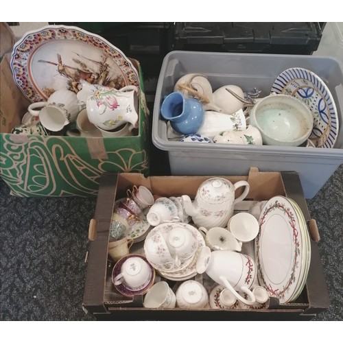 112 - 3 x boxes of mixed china inc antique (a/f) Delft charger, Masons, Royal Worcester etc - some a/f