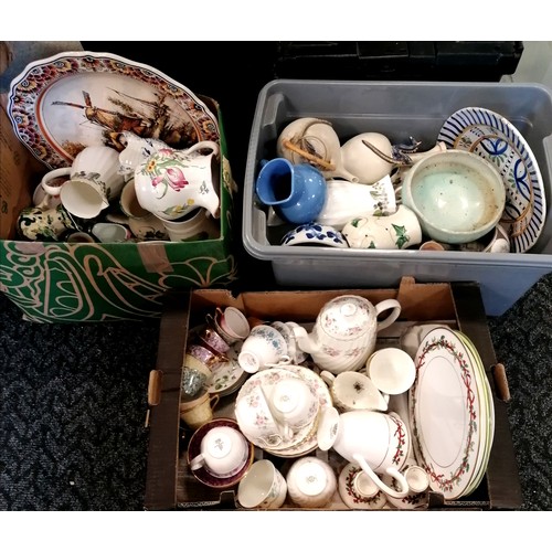 112 - 3 x boxes of mixed china inc antique (a/f) Delft charger, Masons, Royal Worcester etc - some a/f