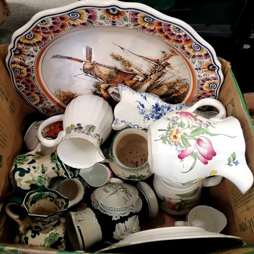 112 - 3 x boxes of mixed china inc antique (a/f) Delft charger, Masons, Royal Worcester etc - some a/f