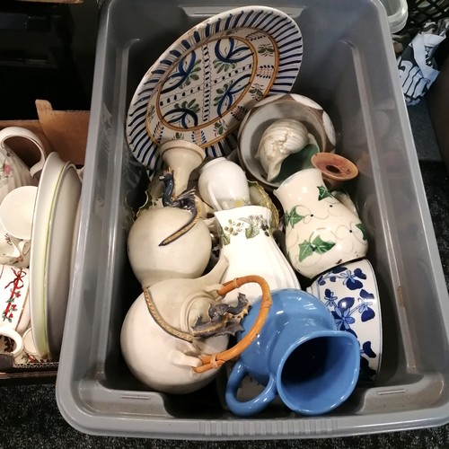 112 - 3 x boxes of mixed china inc antique (a/f) Delft charger, Masons, Royal Worcester etc - some a/f