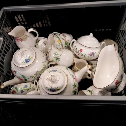 113 - 3 x boxes of mixed china inc. Royal Worcester Arcadia part tea set incl. 2 teapots, Queen's breakfas... 