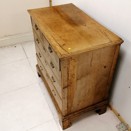 131 - Antique early English burr walnut veneer 2 over 3 chest of drawers on bracket feet with solid oak dr... 