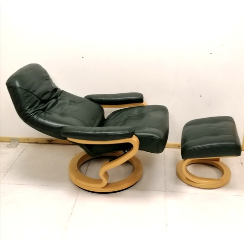 133 - Himolla green leather reclining chair and matching stool -  90cm x 80cm x 100cm