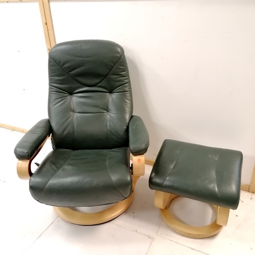 137 - Himolla green leather reclining chair and matching stool - 90cm x 80cm x 100cm