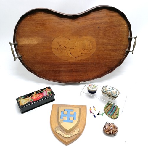 145 - Antique mahogany kidney shaped tray with wavy gallery (58cm across & a/f), Palekh box, cowrie shell ... 