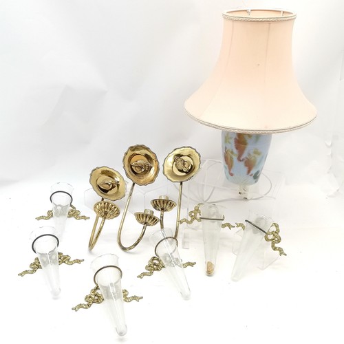 155 - 3 x brass single wall candle sconces with shell detail (31cm) t/w 6 x brass ribbon design wall posy ... 