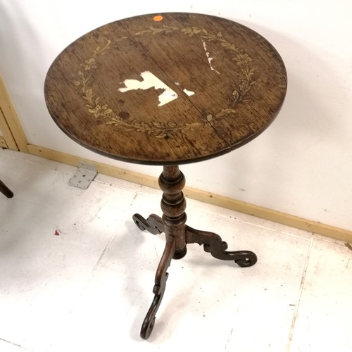 157 - Small circular pedestal side table with inlaid flower detail - 74cm high x 47cm wide - has paper stu... 