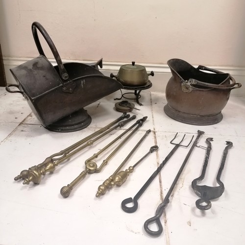 159 - 2 x antique copper coal scuttles t/w various fire irons etc