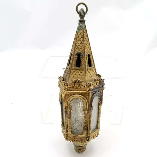 165 - Antique gothic brass church hanging candle lantern with etched glass panels - 32cm drop - has some v... 