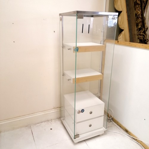 204 - Modern glass display cabinet with 2 internal fitted drawers & 2 shelves - 161cm high x 50cm square w... 