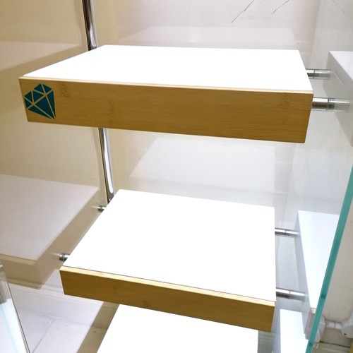 204 - Modern glass display cabinet with 2 internal fitted drawers & 2 shelves - 161cm high x 50cm square w... 