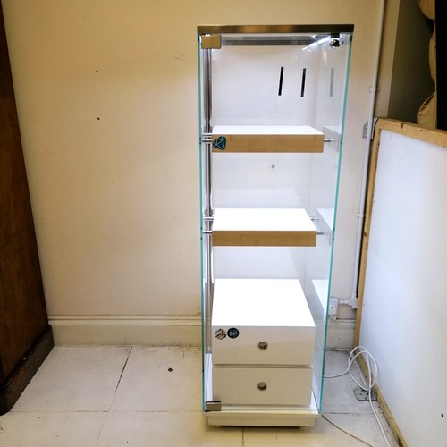 204 - Modern glass display cabinet with 2 internal fitted drawers & 2 shelves - 161cm high x 50cm square w... 