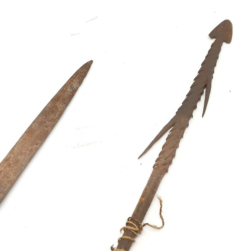 206 - Antique kris with hand carved wooden handle - 42cm long t/w tribal fishing spear head (62cm)