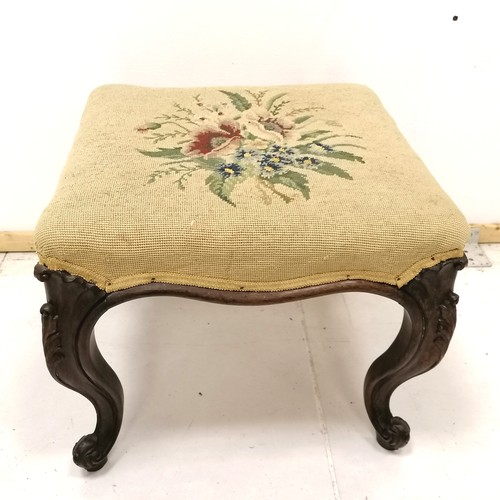 208 - Antique carved rosewood footstool with tapestry upholstered seat 47cm x 50cm x 43cm high- in good us... 