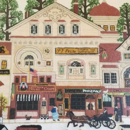 220 - Hand embroidered depiction of American vintage street scene - frame 44cm x 56cm ~ SOLD IN AID OF STA... 