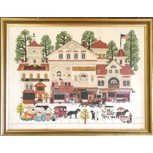 220 - Hand embroidered depiction of American vintage street scene - frame 44cm x 56cm ~ SOLD IN AID OF STA... 