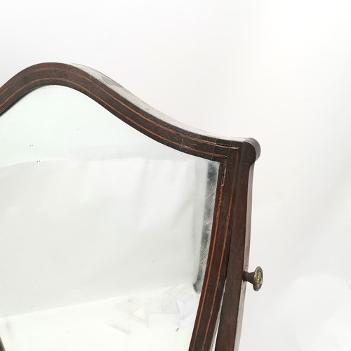 232 - Antique mahogany strung inlaid toilet mirror with 3 drawers & bowed front terminating on 3 feet - 66... 