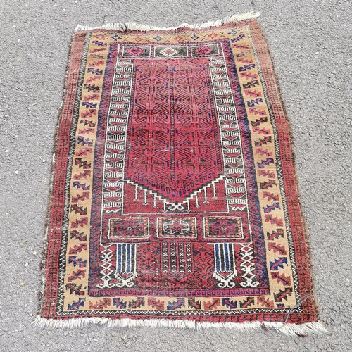 234 - Hand woven red grounded geometric prayer rug - 117cm x 84cm ~ slight losses to edge