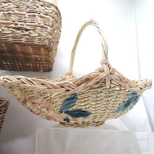 235 - 2 handled wicker log basket (55cm across x 50cm x 38cm high) t/w 3 baskets (1 with wooden detail)